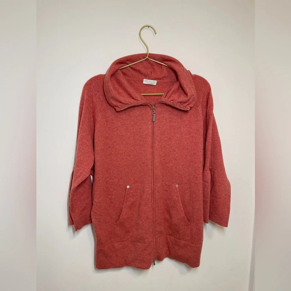 Brunello Cucinelli Sweaters - Brunello Cucinelli Orange Cashmere Zip Cardigan Sweater